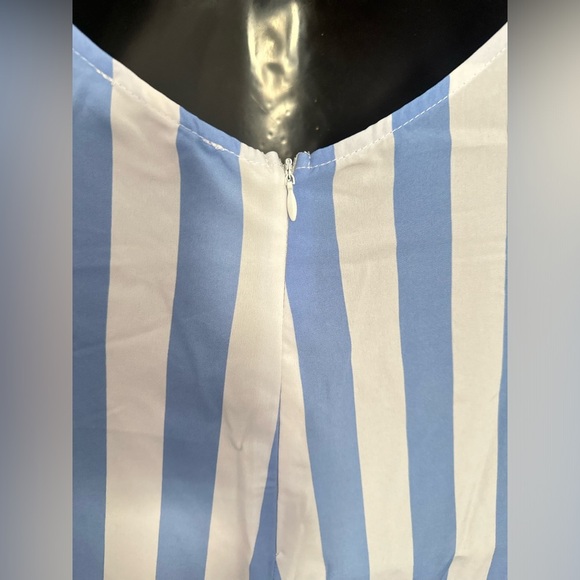 Light Blue Open Back Halter Tie Neck Zipper Closure Striped Detail Maxi Dress - Picture 16 of 17